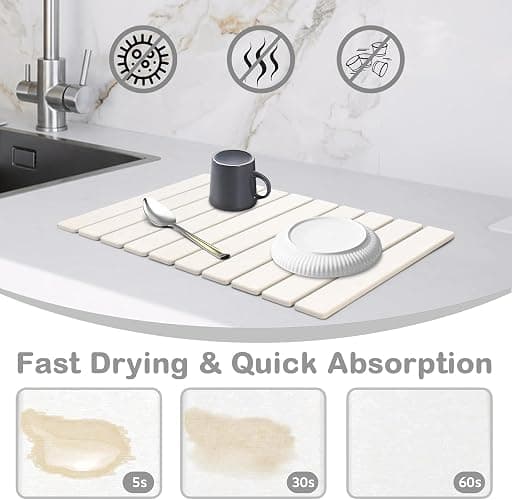 Large Stone Dish Drying Mats for Kitchen Counter, Eco - Friendly Diatomaceous Stone Mats, Non - Slip Collapsible Absorbable Stone Dish Drying Mat for Multi - Purpose, Match Any Countertop, 24"×16" thumbnail 3