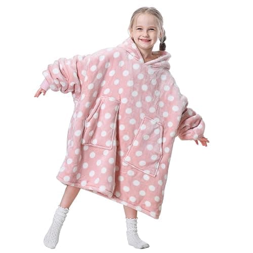 Aemicion Pink Polka Dot Wearable Blanket Hoodie for Girls 6-12, Kids Oversized Hooded Blanket with Sleeves, Soft Fleece & Sherpa Lounge Wear, Cute Birthday Christmas Gifts for Girls thumbnail 4