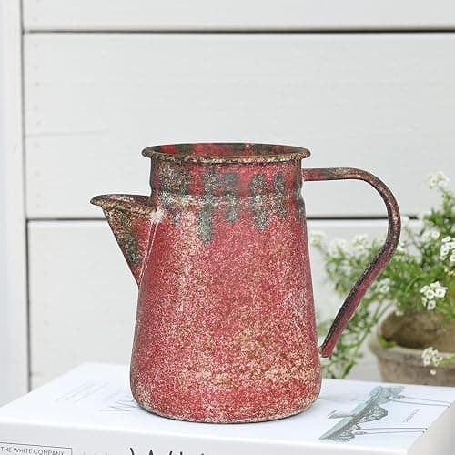 Z² BellaDecor Vintage Pitcher Vase Rustic Farmhouse Vase for Flowers Vintage Metal Milk Jug Small Decorative Pitcher Shabby Chic Decor for Home, Kitchen, Bathroom, Red thumbnail 3