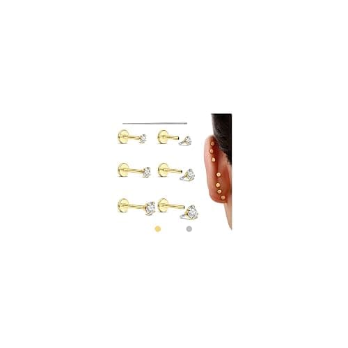 Flat Back Earrings Studs - 14K Gold Filled Internal Thread Stud 18G 16G Piercing Jewelry for Cartilage Helix Tragus Hypoallergenic Labret Lip Conch Nose Rings 316L Stainless Steel Stud for Women Men - Image 1