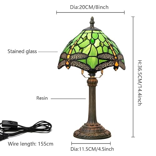 wecrejoni Tiffany Lamp Green Dragonfly Stained Glass Table Lamp 8X8X14 Inches Green Dragonfly Style Desk Reading Light Decor Beside Bedroom Living Room Home (H1057-Green Dragonfly) thumbnail 2