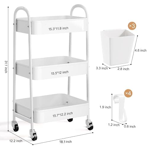 3 Tier Heavy Duty White Metal Rolling Cart with Lockable Wheels, Three Tier Roller Book Snack Cart, Utility Storage Organizer Carts for Kitchen, Bathroom, Garage, Baby Diaper, Craft, Art, Teacher thumbnail 3