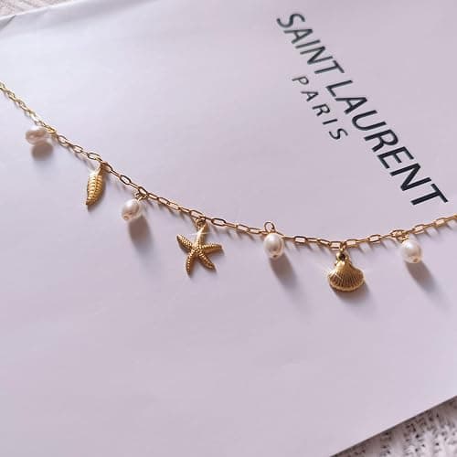 Rumgey Charm Necklace for Women - Dainty Paperclip Beach Charm Necklace Cute Shell Necklace Moon Star Accessory Beach Cross Hexagram Pendant Preppy Stuff Summer Jewelry for Women thumbnail 6