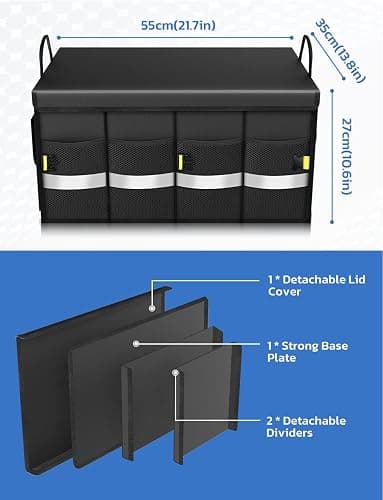 Oasser 55L Car Trunk Organizer, 3 Compartments Collapsible Waterproof Car Organizer Storage with Foldable Cover, Reflective Strip, Non-Slip Bottom, 4 Mesh Pockets for SUV/Truck/Sedan/Camping/Road Trip thumbnail 8