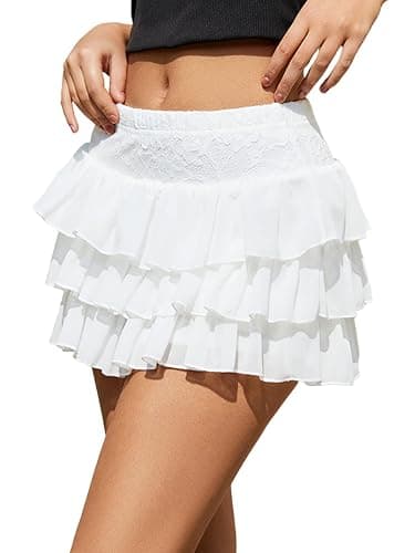 BJhaz Women's Ruffle Mini Skirt with Shorts Layered Cute Pleated Mini Skort | Layered, A-Line, Casual, Rave Party, Country Concert thumbnail 7