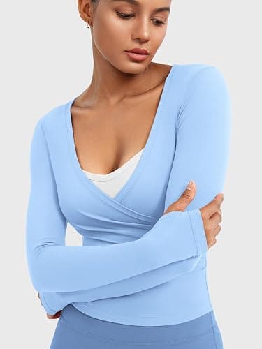 YEOREO Minniy Women Workout Wrap Top Long Sleeve with Thumb Holes V Neck Basic Shirts for Yoga Pilates Going Out Shrug Blouse thumbnail 5