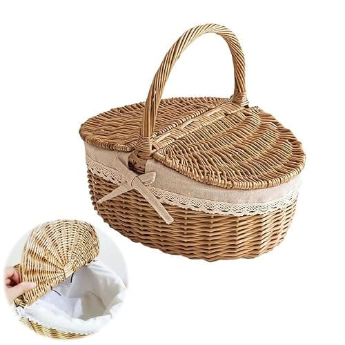 Shengsenfu 1Pcs Wicker Picnic Basket with Handle, Empty Picnic Basket with Lid & Removable Liner, Removable Liner & Folding Woven Handle, Empty Picnic Basket for Picnic, Camping, Outdoor, Thanksgiving - Image 1