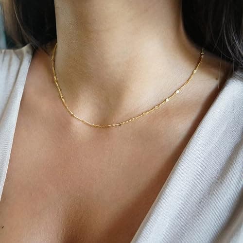 Beriso 14K Gold/Silver Plated Satellite Choker Shining Dots Station Box Chain 3 Blue Beads Sparkle Chain Necklace Open Hearts Open Stars Link Chain Exquisite Jewelry Gifts for Women Mom Girlfriend thumbnail 3