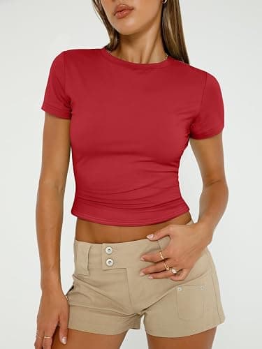 AUTOMET Women's 3 Pack Short Sleeve Shirts | Buttery Soft Slim Fitted Crop Tops, Stretchy Going Out Basic Tees for Summer, Layering & Everyday thumbnail 2