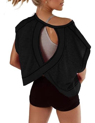 Fhniepan Open Back Tops for Women Oversized Short Sleeve Workout T Shirts Backless Y2k Athletic Crop Running Tees - Image 1