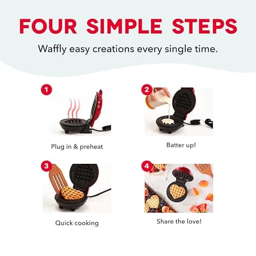 Dash Mini Waffle Maker- Mini Machine for Creative Homemade Treats - Nonstick Iron with Unique Print Design - Stylish Waffle Machine - Red Heart thumbnail 5