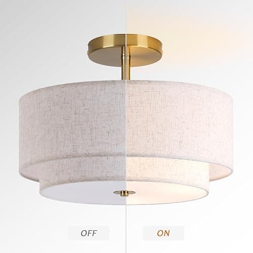 CALOKES 16" Double Drum Gold 3-Light Semi Flush Mount Ceiling Light, Classic Fabric Linen Shade Design for Living Room, Bedroom, Kitchen, Dining Room, Hallway and Entryway thumbnail 4