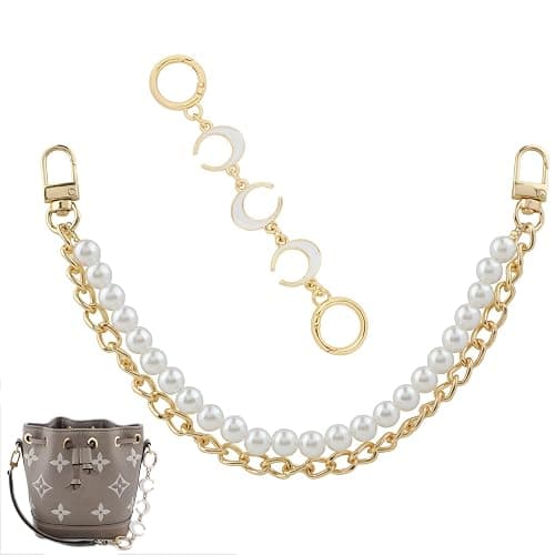 2 Stück Taschenkette Gold mit Perlen und Mond Anhänger, Doppel für Handtasche Geldbörse, Schulterriemen Kette Ersatz Taschengurt Kettenverlängerung, Elegante Perlenkette Tasche Extender Kette - Image 1