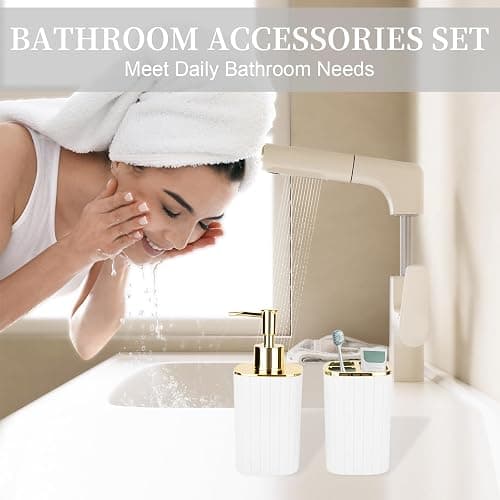 2PCS Bathroom Accessories Set, White and Gold Bathroom Accessories Include Soap Dispenser and Toothbrush Holder for Boho Bathroom Decor thumbnail 3
