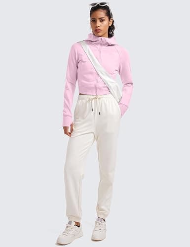 CRZ YOGA Womens Fleece Zip Up Cropped Hoodie Workout Jacket Athletic Casual Long Sleeve Sweatshirts with Thumb Holes - Small - Pink Peony thumbnail 3