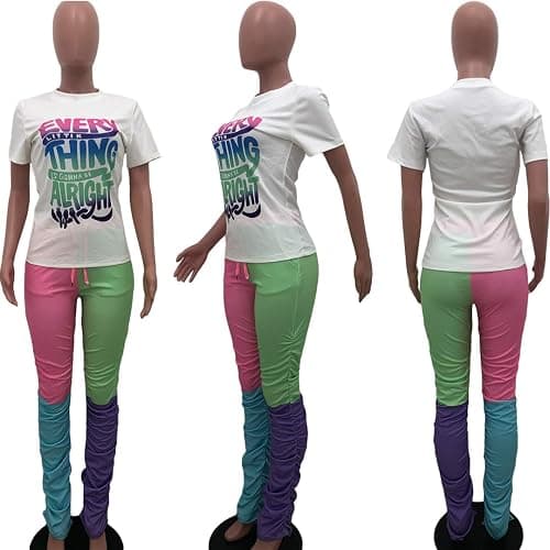 Casual 2 Piece Outfit Sets for Women Color Block Short Sleeve T-Shirts + Stacked Flare Pants Tracksuit Sweatsuit thumbnail 5