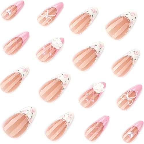 XZMeiLun Handmade 3D Flower Pearl French Tips Press On Nails Almond Medium, Floral Bow French Tip Designer Reusable Acrylic Fake Nails With Cute Glue On Nails, Daily Wear Nails For Women Girls thumbnail 3