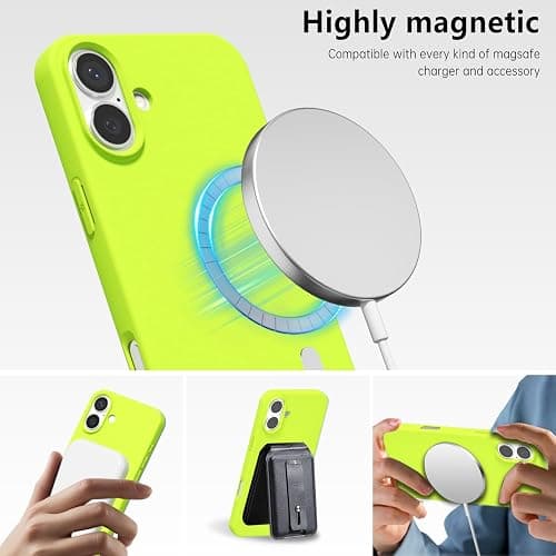 oakxco Silicone Case for iPhone 16 Plus Case Magnetic, Compatible with Magsafe Wireless Charging, Slim Thin Soft Rubber, Girly Cute Bright Hard Mag Safe Cover for Women, Fluorescent Neon Green Lime thumbnail 7