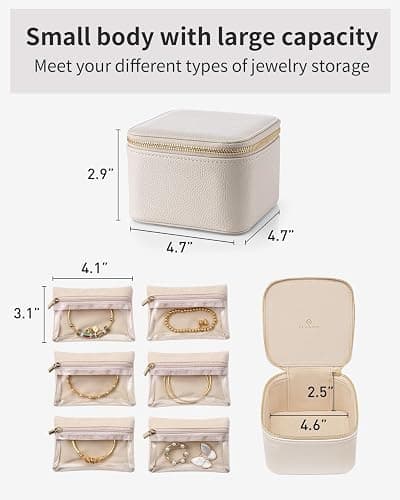 Vlando Travel Jewelry Case,Small Jewelry Box Organizer,Travel Jewelry Storage with 6 Velvet Jewelry Zipper Pockets, Birthday Gifts for Women Girls (White) thumbnail 3