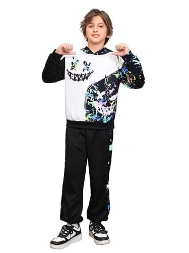 WDIRARA Boy's 2 Piece Outfits Colorful Graphic Print Long Sleeve Hoodie and Sweatpants Set Tracksuit thumbnail 2