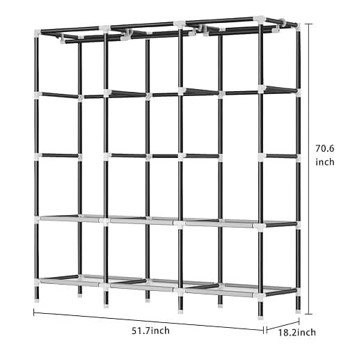 LOKEME Wardrobe Closet,Portable Closet for Bedroom Steel Pipe Diameter 19mm Strong and Sturdy Black Portable Closets for Hanging Clothes with 3 Hanging rods, 6 Storage Shelves and Side Pockets thumbnail 3