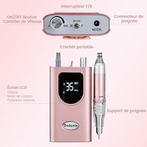 Delanie Ponceuse pour Ongles Professionnelle 35000 RPM Portable Rechargeable Avec Affichage LCD et 6 Embouts Ponçage pour Pédicure Manucure, Puissante, Silencieuse pour Salon/Maison thumbnail 5