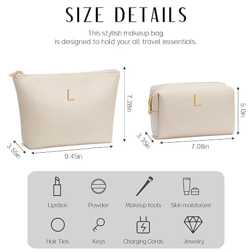 CLOUDWINGS Women Gifts | Initial Makeup Bag Set for Girl Personalized Gifts for Bridesmaid Friend Graduation Teachers PU Leather Cosmetic Travel Toiletry Bag(Beige,L) thumbnail 4