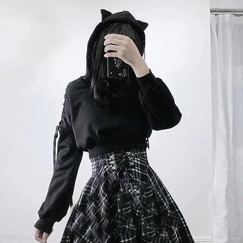 Dolpind Womens Cat Ear Hoodie Sweatshirt Long Sleeve Sweater Off Shoulder Cat Cute Crop Top Hoodies Pullover thumbnail 2