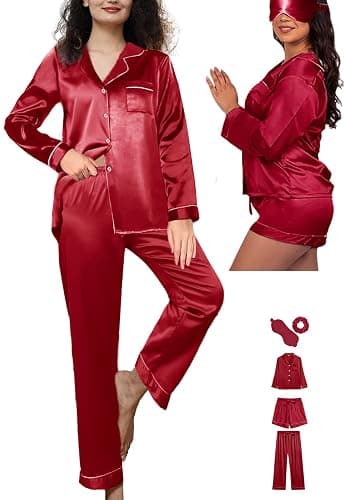 WJing Yi Jia 5Pcs XS-XXL Womens Silk Satin Pajamas Sets Long Pj Sets Button Down Pjs Set Loungewear Sleepwear thumbnail 5