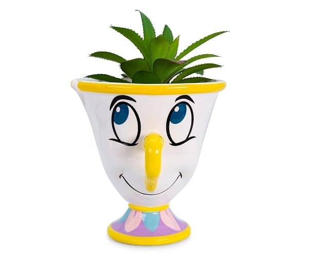 Silver Buffalo Disney Beauty and The Beast Chip 3-Inch Ceramic Mini Planter with Artificial Succulent | Small Flower Pot, Faux Indoor Plants for Desk Shelf, Home Decor Trinket Tray and Collectibles - Image 1