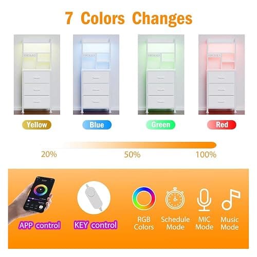 Furnulem Tall Nightstand with LED Lights and 3 Tier Shelves, Night Stand with 3 Fabric Drawers, 45.3inch Tall Bedside Tables with USB Ports and Outlets in Bedroom, Dorm, Office (White) thumbnail 4