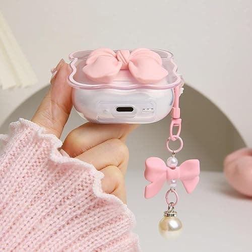 QLD COVER Compatible with Apple AirPods 4 Generation 2024 Case Cover, Cute 3D Bow Tie Design Shockproof Soft Clear TPU Kawaii Airpods 4 Protector with Keychain for Women Girls, Pink Bow thumbnail 6