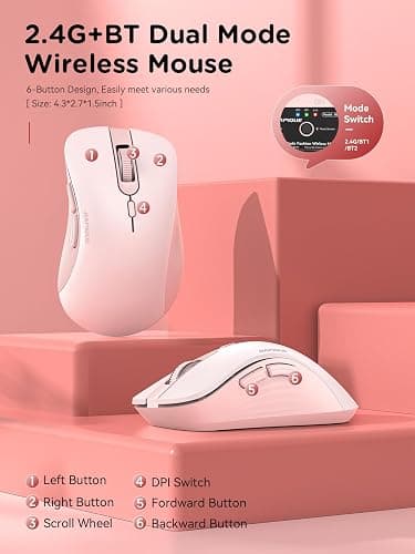 RAPIQUE Bluetooth Wireless Mouse - Dual Bluetooth & 2.4 GHz USB Receiver, Ergonomic Design, Quiet Clicks, Low Power - Multi-Device Compatibility for MacBook, Laptop, Computer, iPad Air/Pro (Pink) thumbnail 7