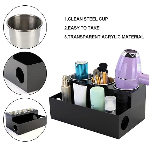PITBVO Hair Tool Organizer, Black Acrylic Hair Dryer Holder with 3 Cups, Bathroom Supplies Countertop Blow Dryer Holder, Vanity Caddy Storage Stand for Accessories, Makeup, Toiletries thumbnail 8