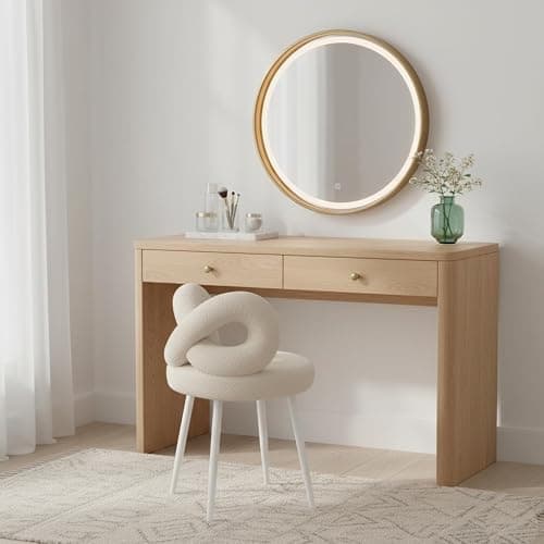 reukmuuc Vanity Stool, Elegant Bow Backrest, Soft Faux Wool Upholstered Seat, Non-Slip Carbon Steel Legs, 330lbs Max Load, Modern Vanity Chair for Bedroom, Living Room, Office (Beige) thumbnail 3