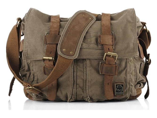 Sechunk Vintage Military Leather Canvas Laptop Bag Messenger Bags Medium - Image 1