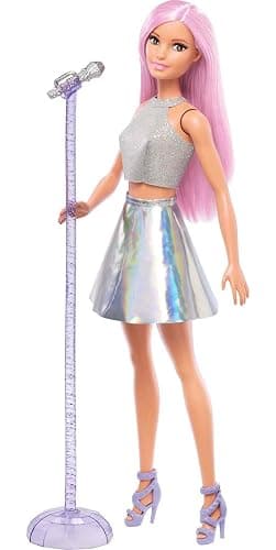 Barbie Careers Fashion Doll & Accessory, Pop Star with Pink Hair & Brown Eyes Wearing Iridescent Skirt with Microphone - Image 1
