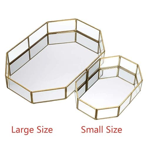 Hipiwe Mirror Glass Vanity Tray - Gold Ornate Makeup Vintage Octagonal Perfume Dresser Jewelry Trinket Organizer for Bathroom Storage Home Decor - 8" x 5.7" x 1.8" thumbnail 9