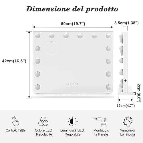 Moziel 50x42cm Specchio da Trucco con Luci, Specchio Hollywood da Tavolo o da Parete con Lampadine a 14 Led Tre Colori di Luce e Funzione di Luminosità Regolabile thumbnail 2