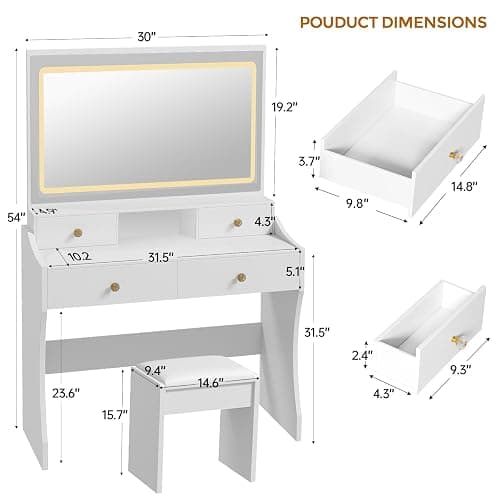 COMHOMA Makeup Vanity Desk with Mirror and Lights, Vanity Table and Chair Set with 5 Drawers and Charging Station, Bedroom Dresser LED Mirror Stepless Dimmable & 3 Color Modes Adjustable, White thumbnail 2