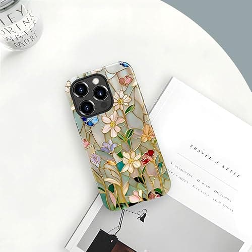 TnXee Case Compatible with iPhone 13 Pro Max,Fall Prevention Bright Hybrid 2-Layer Hard Shell Phone Case for Girls Boys,Stained Glass Bloom Flower thumbnail 4