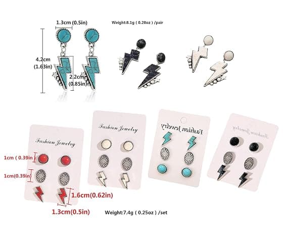 Western Earrings for Women Natural Turquoise Earrings Western Jewelry Lightning Bolt Stud Earrings Set 80s 90s Accessories - Turquoise set thumbnail 6