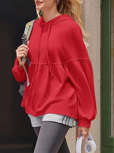 Fisoew Womens Oversized Hoodies Sweatshirts Casual Lantern Long Sleeve Drawstring Peplum Hem Loose Hooded Pullover Tops thumbnail 3