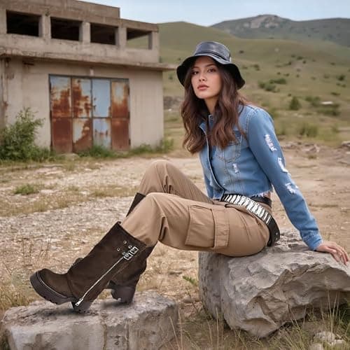 MAVMAX Fold Over Knee High Boots for Women Zipper Buckle Riding Boot Wide Calf Platform Round Toe Chunky Low Heel Tall Boot y2k Trendy Boots thumbnail 4