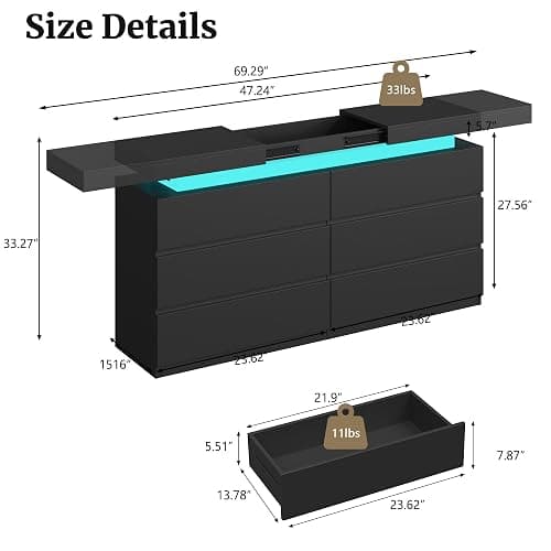 6 Drawer Dresser for Bedroom, Black Dresser with Power Outlet, LED Light, Sliding Desktop, Modern Wood Dressers, Dual Wide Chest of Drawers Storage Organizer for Bedroom,Living Room,Entryway,Hallway thumbnail 2