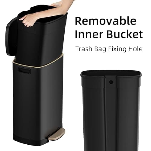 KUK 13 Gallon Kitchen Trash Can with Lid, 50L/13Gal Office Step Garbage Can for Home, Kitchen, Laundry Room, Office, Brushed Stainless Steel, Black thumbnail 4