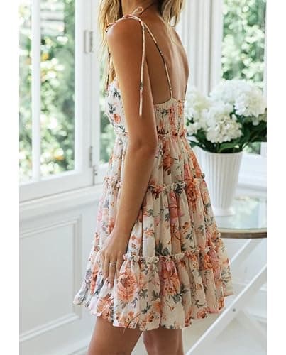 Mansy Womens 2026 Summer Floral Mini Dress Boho Flowy Skater Dresses Short Sleeveless Ruffle Spaghetti Strap Dress thumbnail 2