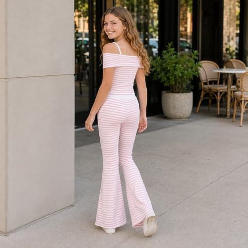 Girls 2 Piece Outfit Off Shoulder Fitted Striped Top & Flare Pants Set | Cute Summer Matching Clothes with Bell Bottom Pants, Casual Vacation Outfit for Tween Girls 7-14 Years thumbnail 6