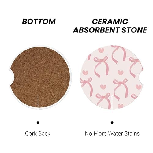 Pink Bow Love Heart Car Cup Holder Coaster 2 Pack Absorbent Ceramic Car Coasters for Cup Holders Car Accessories Interior for Women Men Universal Anti Slip Cork Base Cup Coasters with Finger Notch thumbnail 3