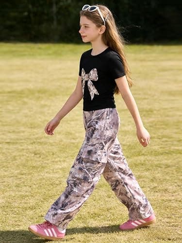 Azmxynol Tween Girls Clothes 2 Piece Outfit Bow T-Shirt Top + Cargo Pants Teen Girl Clothing Set, Sizes 7-16 Years thumbnail 3